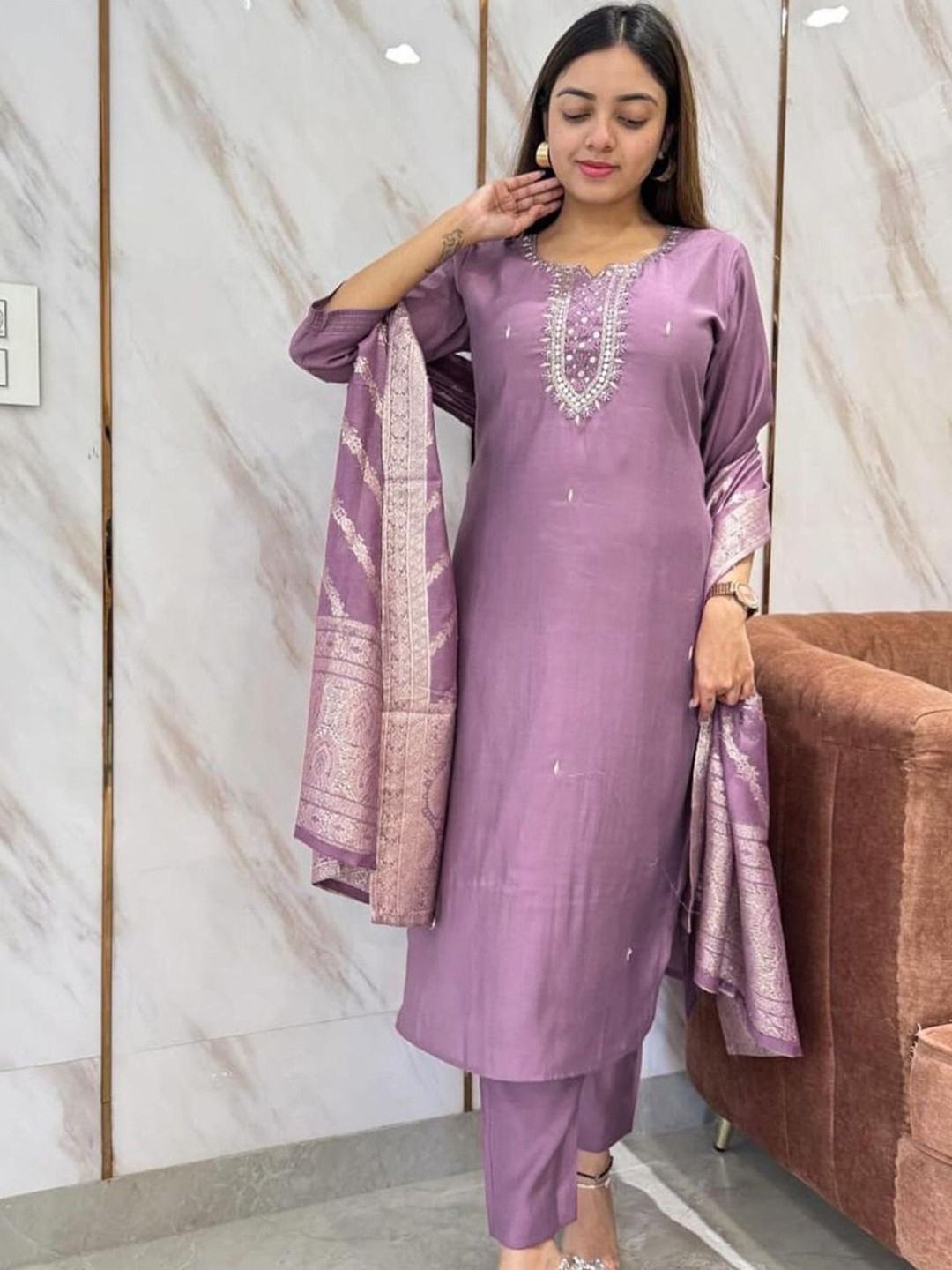 

GoSriKi Floral Embroidered Straight Kurta With Trousers And Dupatta, Purple