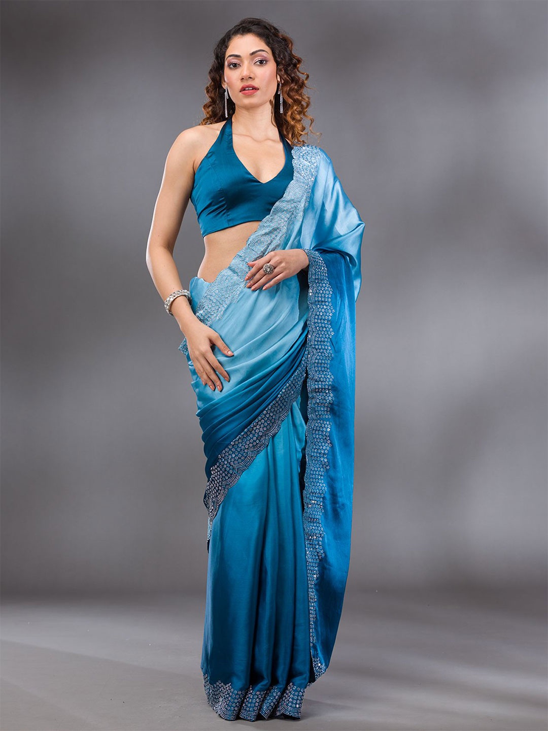 

Koskii Ombre Beads and Stones Embellished Satin Saree, Blue