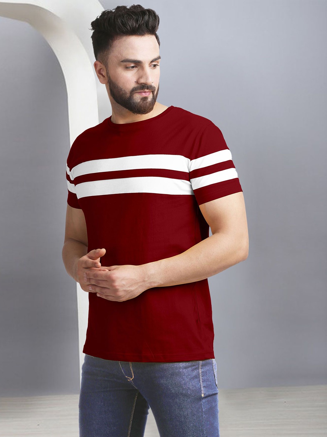 

AOOSH Men Striped Round Neck Cotton T-shirt, Maroon