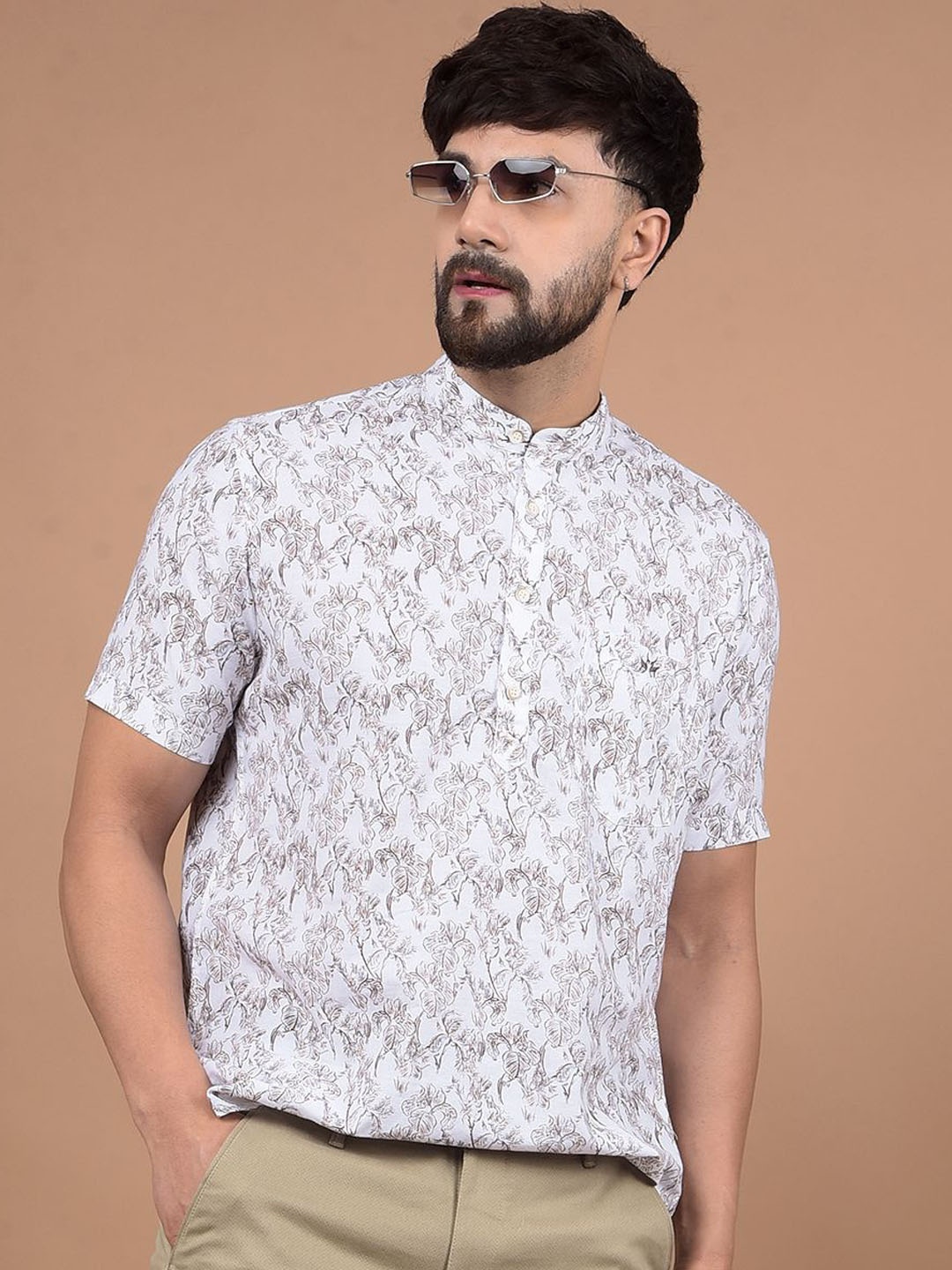 

Crimsoune Floral Printed Mandarin Collar Linen Short Kurta, White