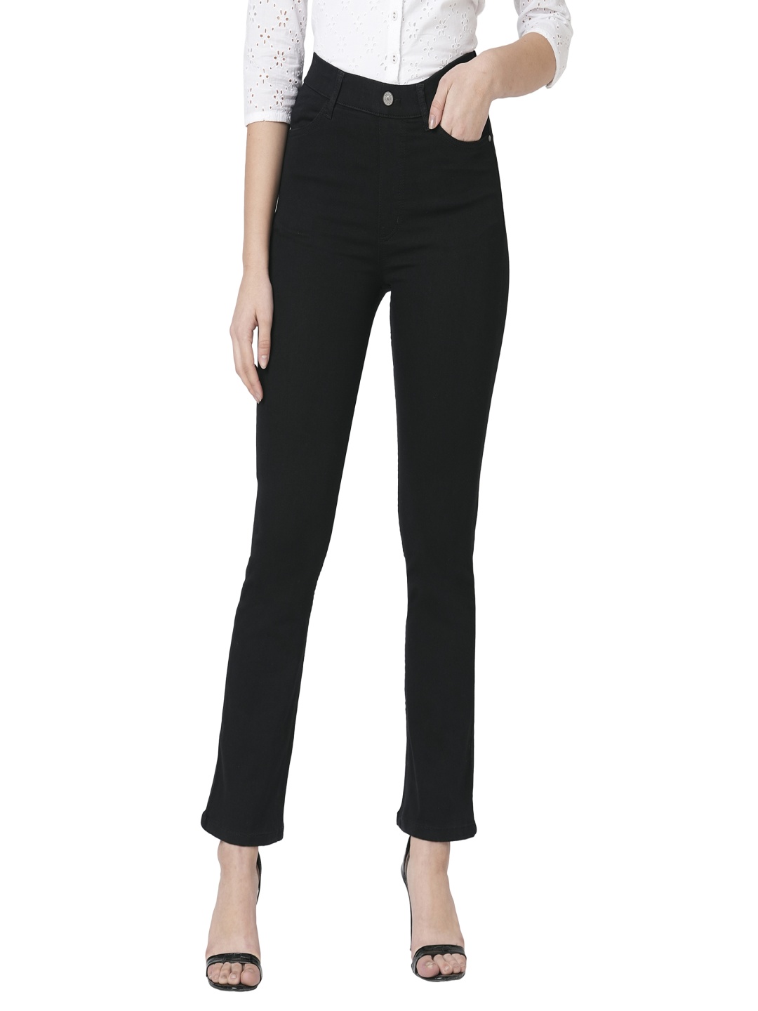 

Kraus Jeans Women Flared High-Rise Cotton Jeans, Black