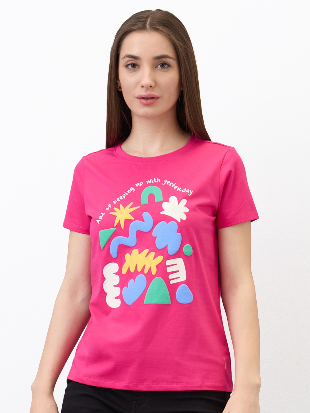 

SPYKAR Women Regular Fit Typography Printed Round Neck Cotton T-shirt, Pink