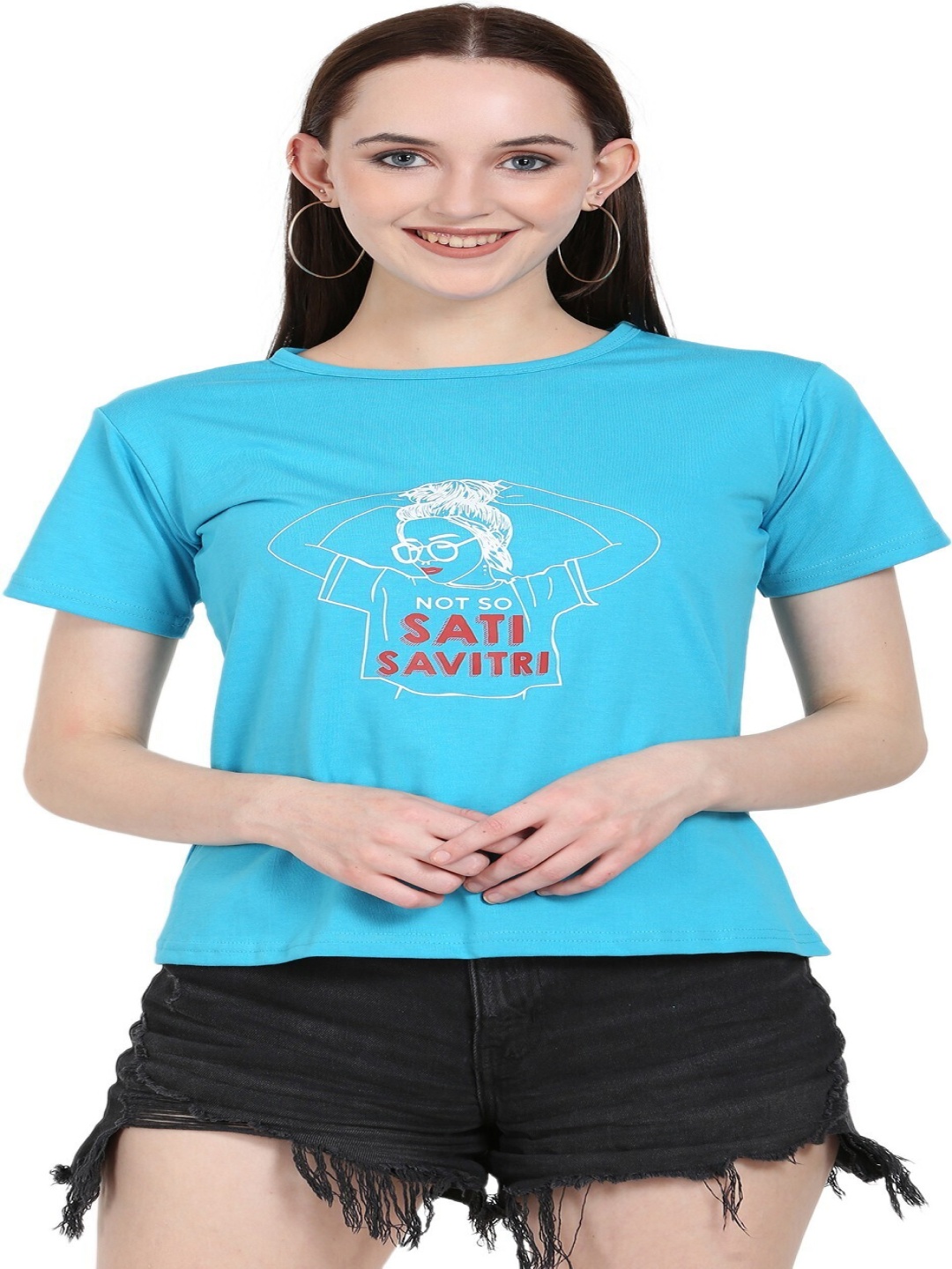 

DEEPMAYRA COLLECTION Women Graphic Printed Round Neck Cotton T-shirt, Blue
