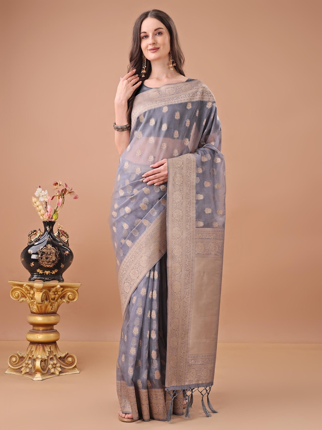 

Rujave Woven Design Zari Organza Saree, Grey