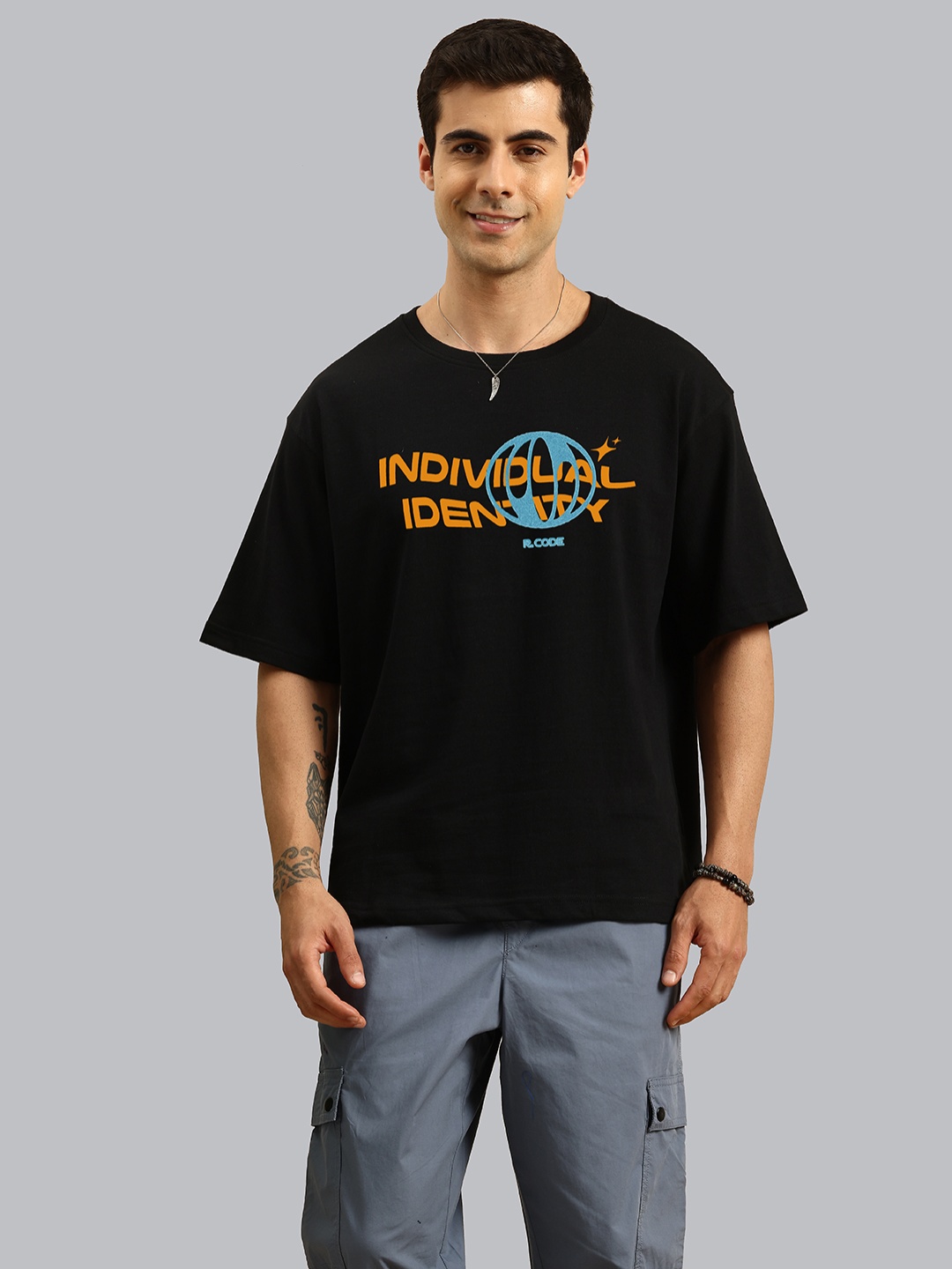 

R.Code by The Roadster Life Co. Men Printed Applique T-shirt, Black