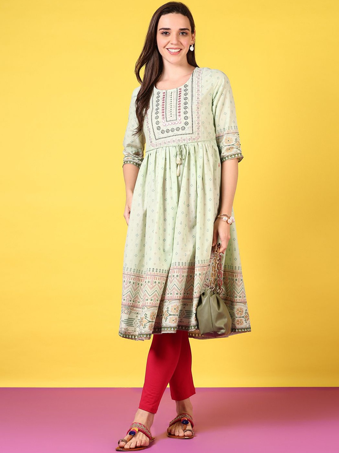 

V-Mart Floral Printed Embroidered Round Neck Mirror Work Cotton Anarkali Kurta, Sea green