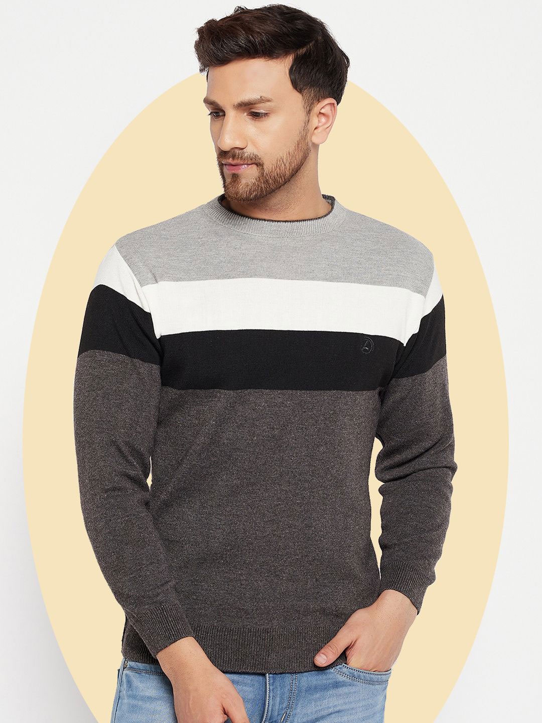 

LYCOS Men Striped Woollen Pullover, Black