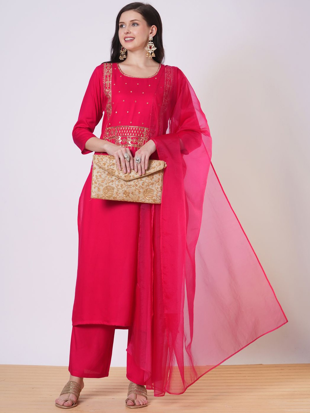 

GoSriKi Floral Embroidered Sequunied Straight Kurta With Palazzos And Dupatta, Pink