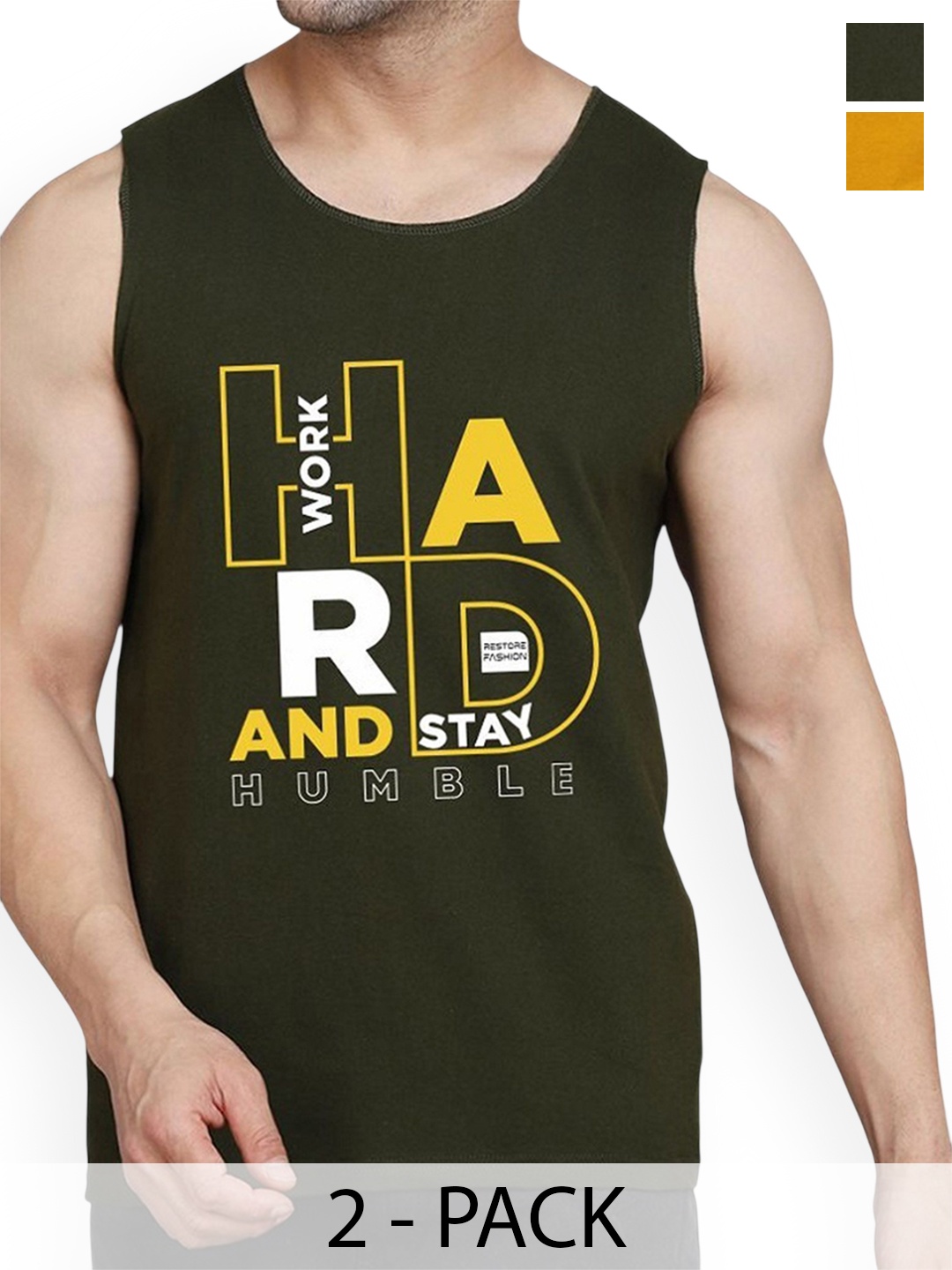 

WOOSTRO Pack Of 2 Printed Combed Cotton Gym Vest RS26 CMB (HARD OLIVE) (98 MUSTARD)