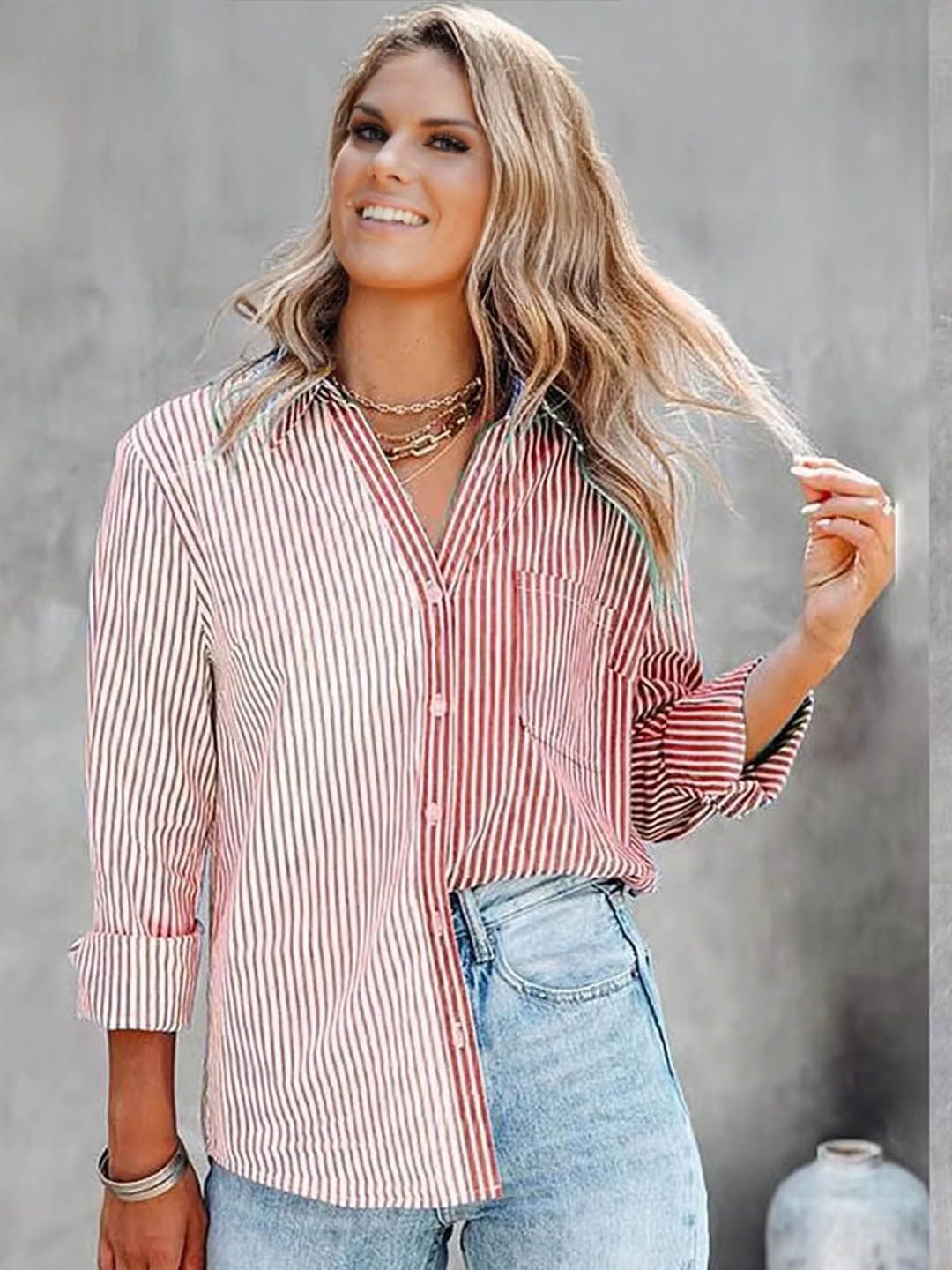 

StyleCast Women Spread Collar Vertical Striped Casual Shirt, Red