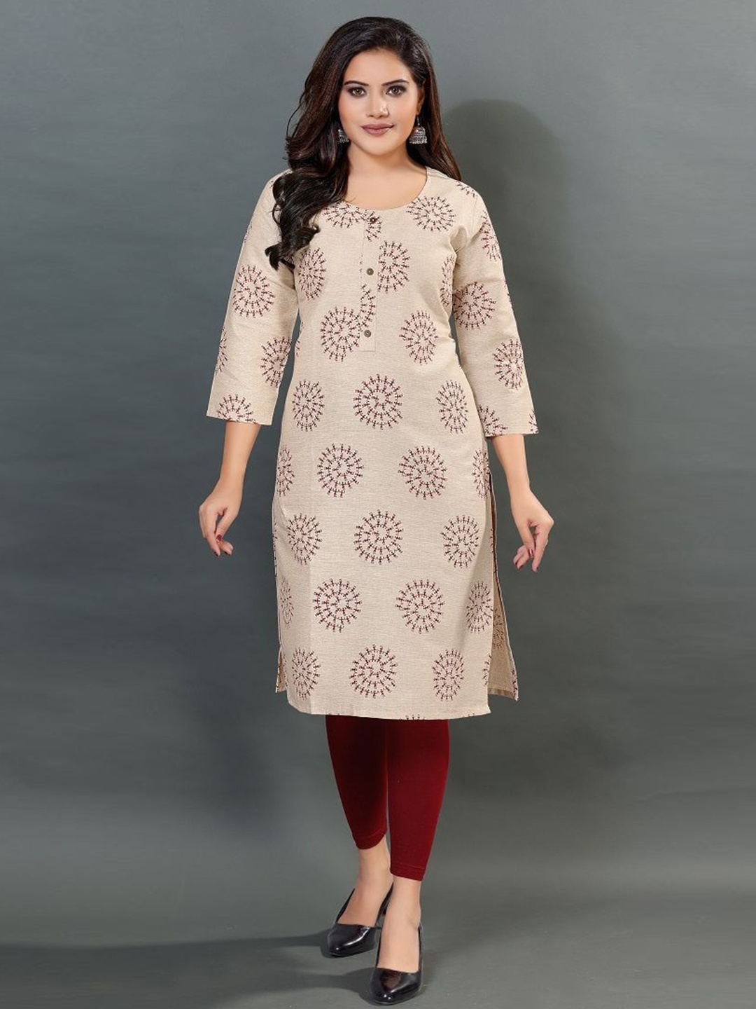 

Dream & Dzire Ethnic Motifs Printed Cotton Round Neck Straight Kurta, Beige