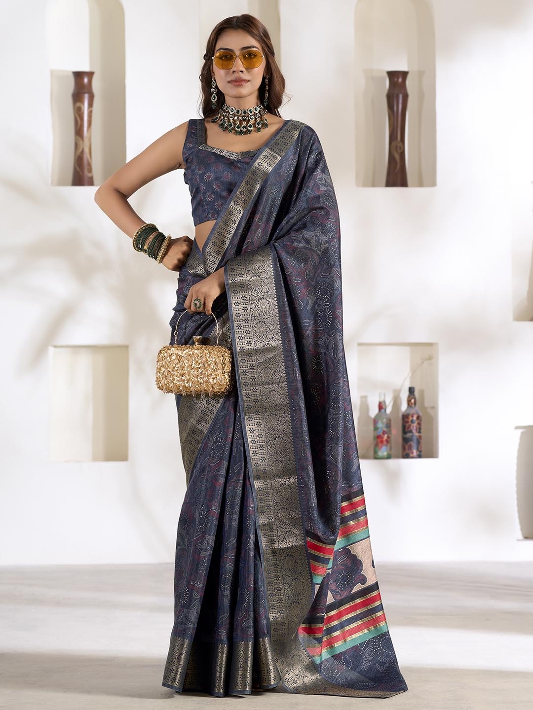 

Panzora Printed Ethnic Motifs Zari Saree With Unstitched Blouse Piece, Blue