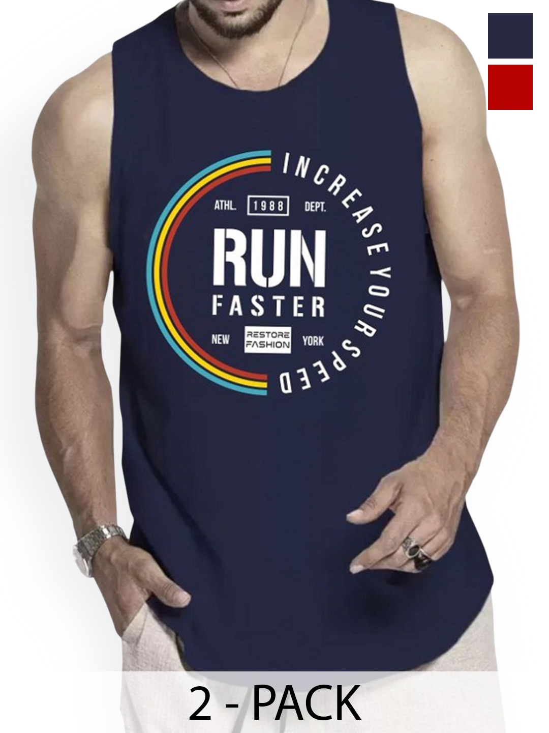 

WOOSTRO Pack Of 2 Printed Combed Cotton Gym Vest RS26 CMB (HARD RED) (RUN NAVY)