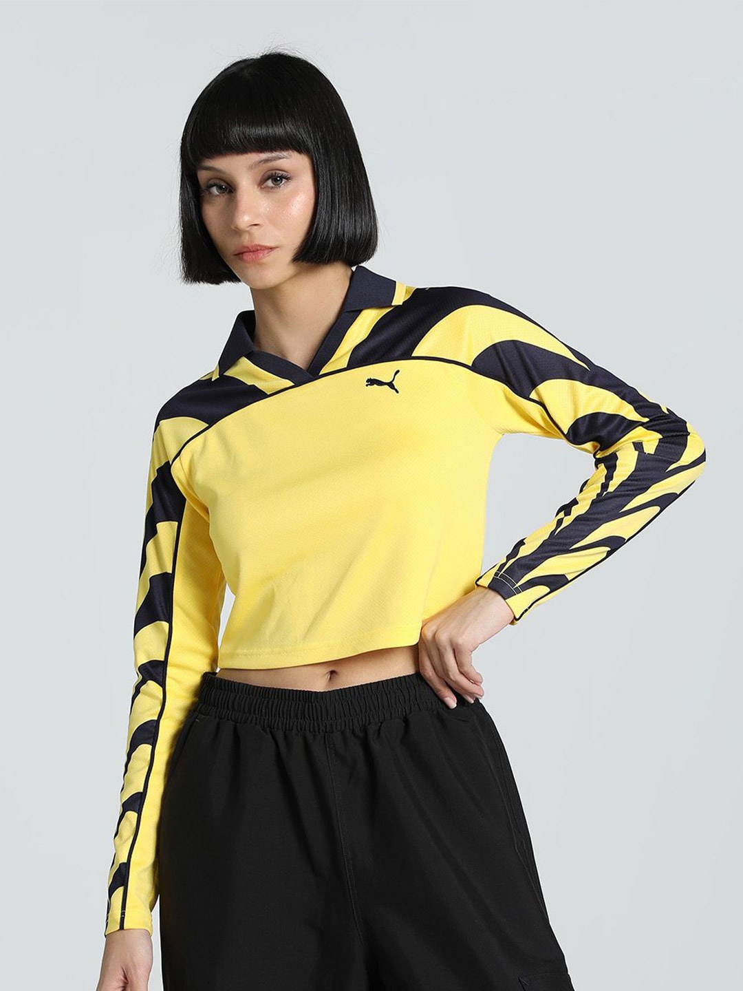 

Puma Women Road To Unity Colourblocked Slim Fit Long Sleeve Football Jersey Crop T-Shirt, Yellow