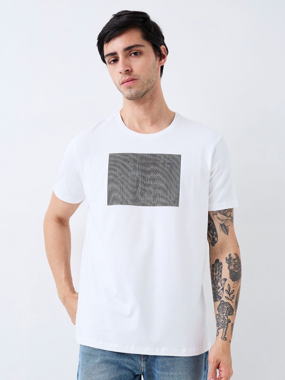 

SPYKAR Men Graphic Printed Round Neck Cotton Slim Fit T-shirt, White