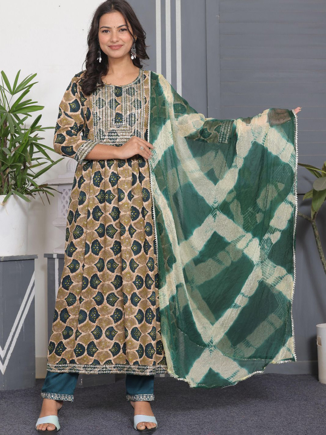 

KALINI Ethnic Motifs Printed Thread Work A-Line Kurta With Trouser And Dupatta, Green