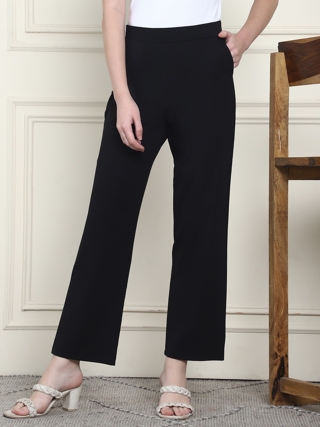 

WELL KEPT Women Relaxed Fit Straight Leg High-Rise Trousers, Black