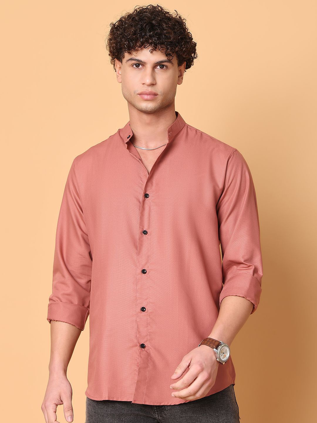 

Tanip Men Band Collar Solid Cotton Casual Shirt, Pink