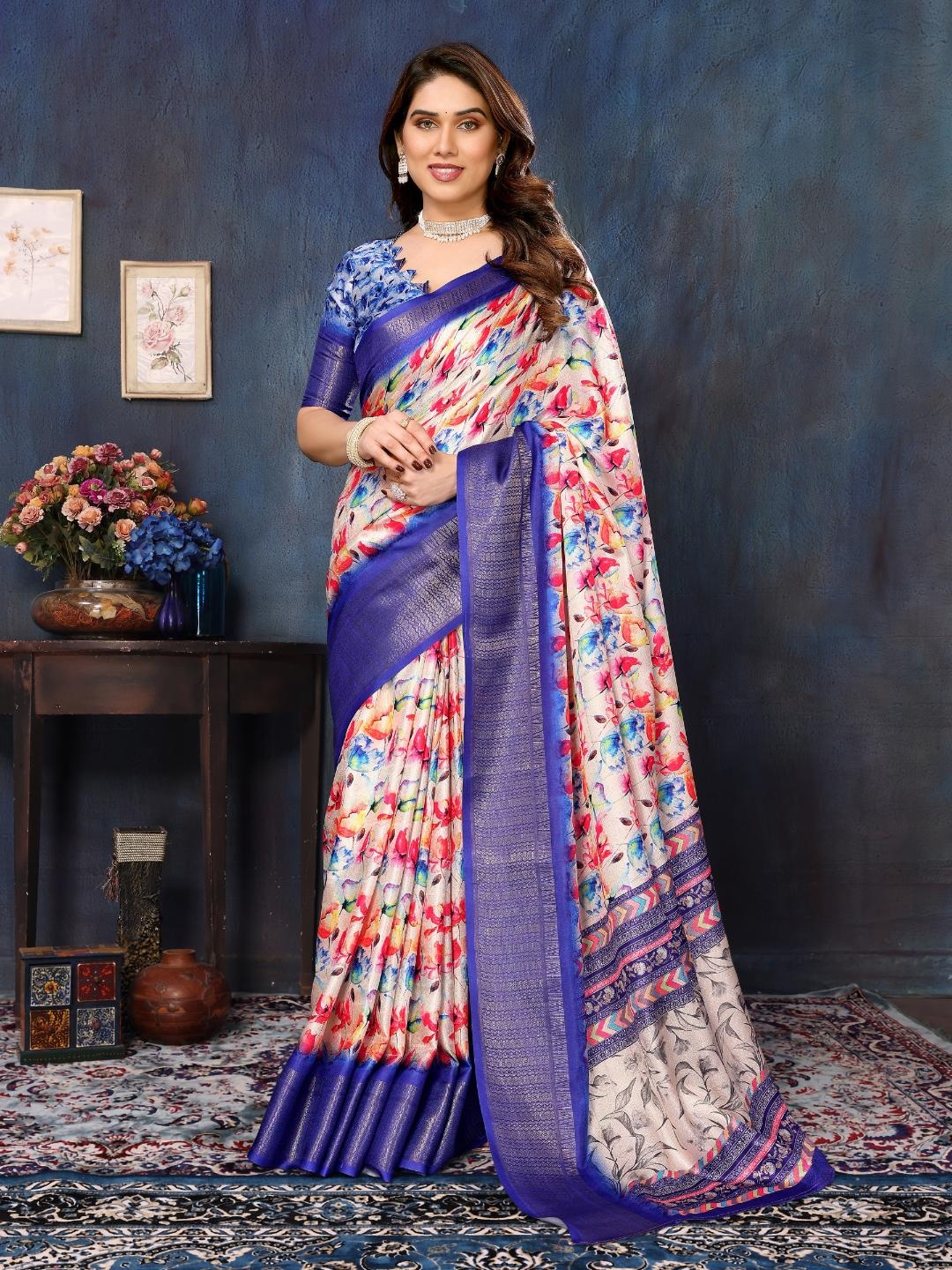 

HERE&NOW Woven Design Floral Printed Zari Saree, White