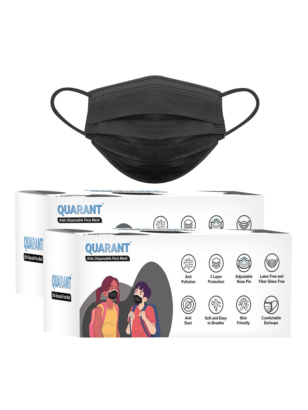 

QUARANT Kids Pack Of 100 3-Ply Anti Pollution Disposable Face Masks, Black