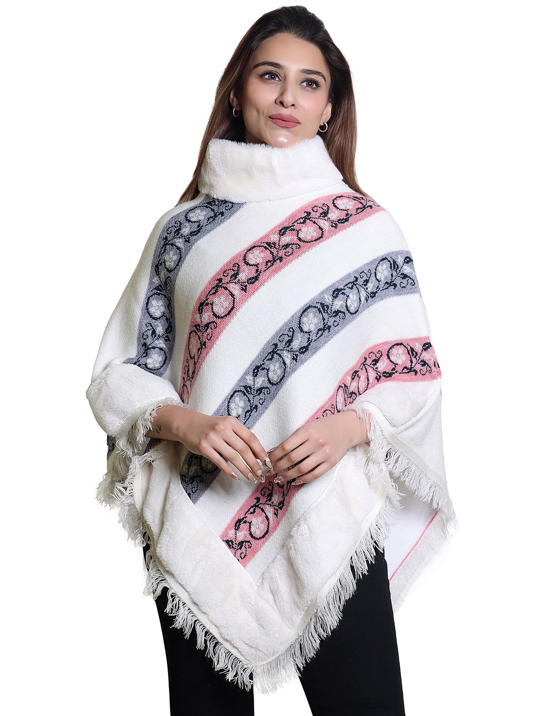

DISCOVERYLINE Women Flower Striped Fur Neck Woolen Poncho, Pink