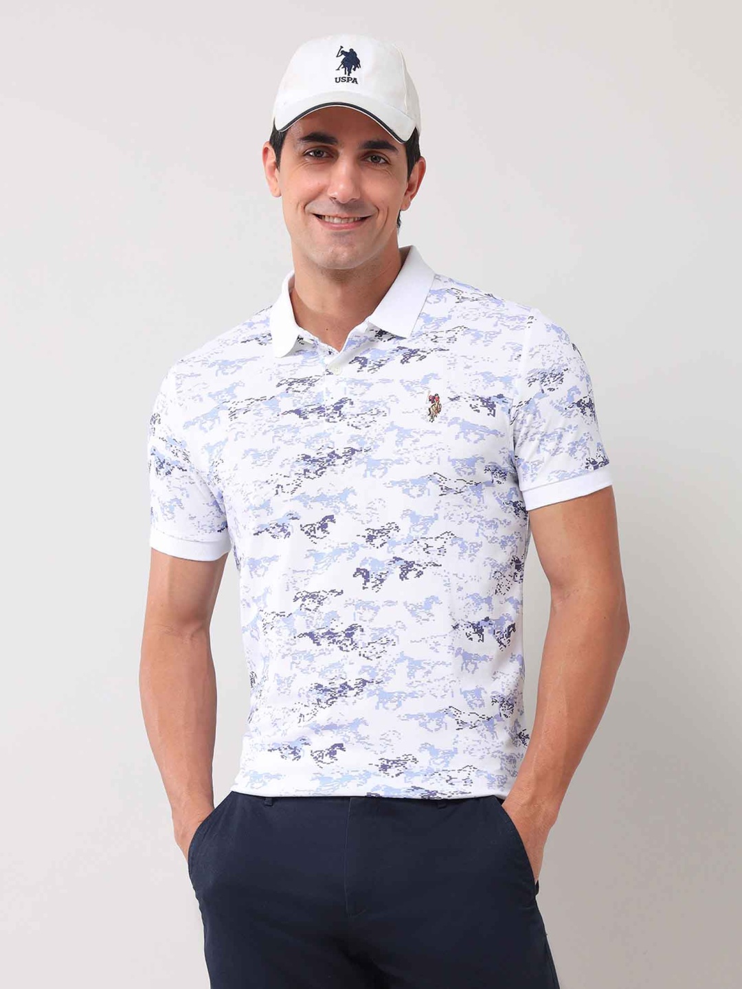 

U.S. Polo Assn. Denim Co. Men Abstract Printed Polo Collar Cotton Slim Fit T-shirt, White