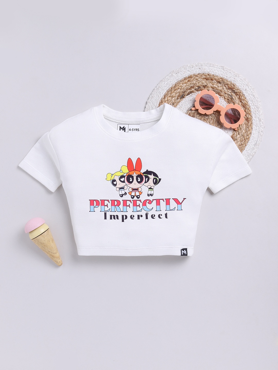 

YK X Minute Mirth Girls Print Pure Cotton Crop Top, White