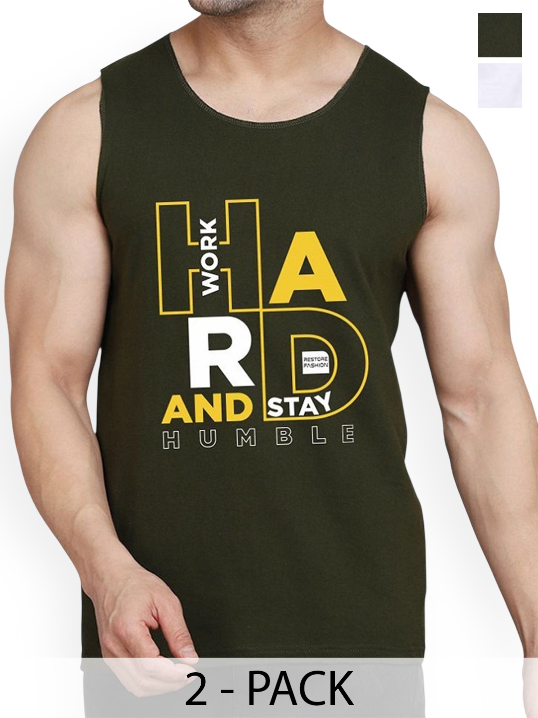 

Woostro Men Pack Of 2 Printed Gym Vests RS26 CMB (MORE WHITE) (HARD OLIVE)