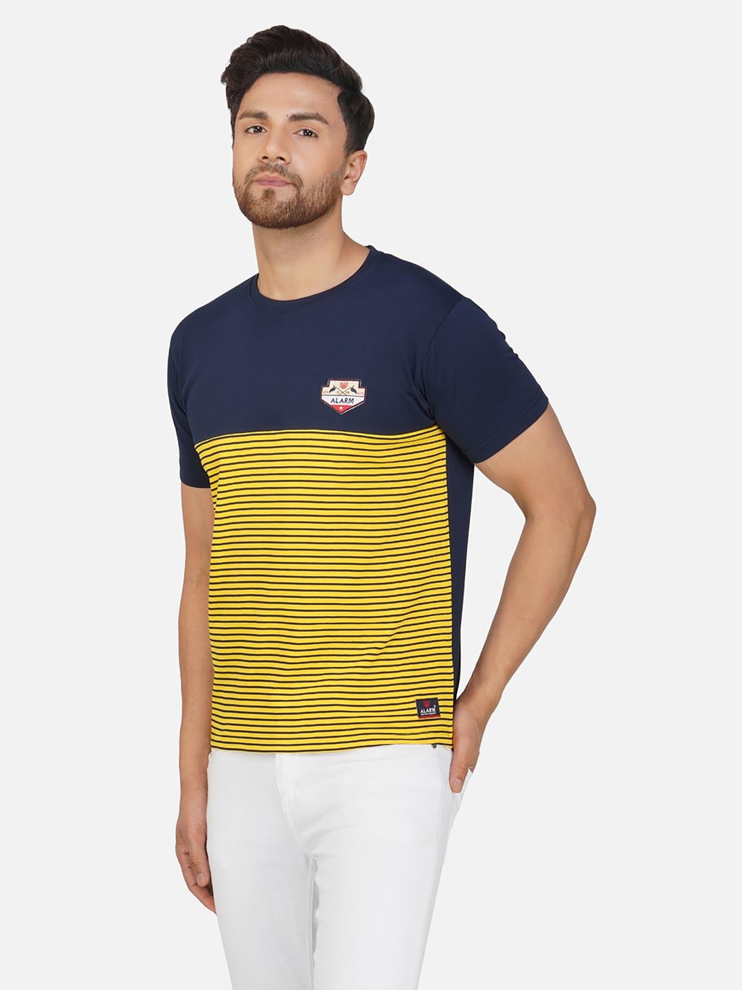 

ALARM Men Striped Round Neck Cotton T-shirt, Yellow