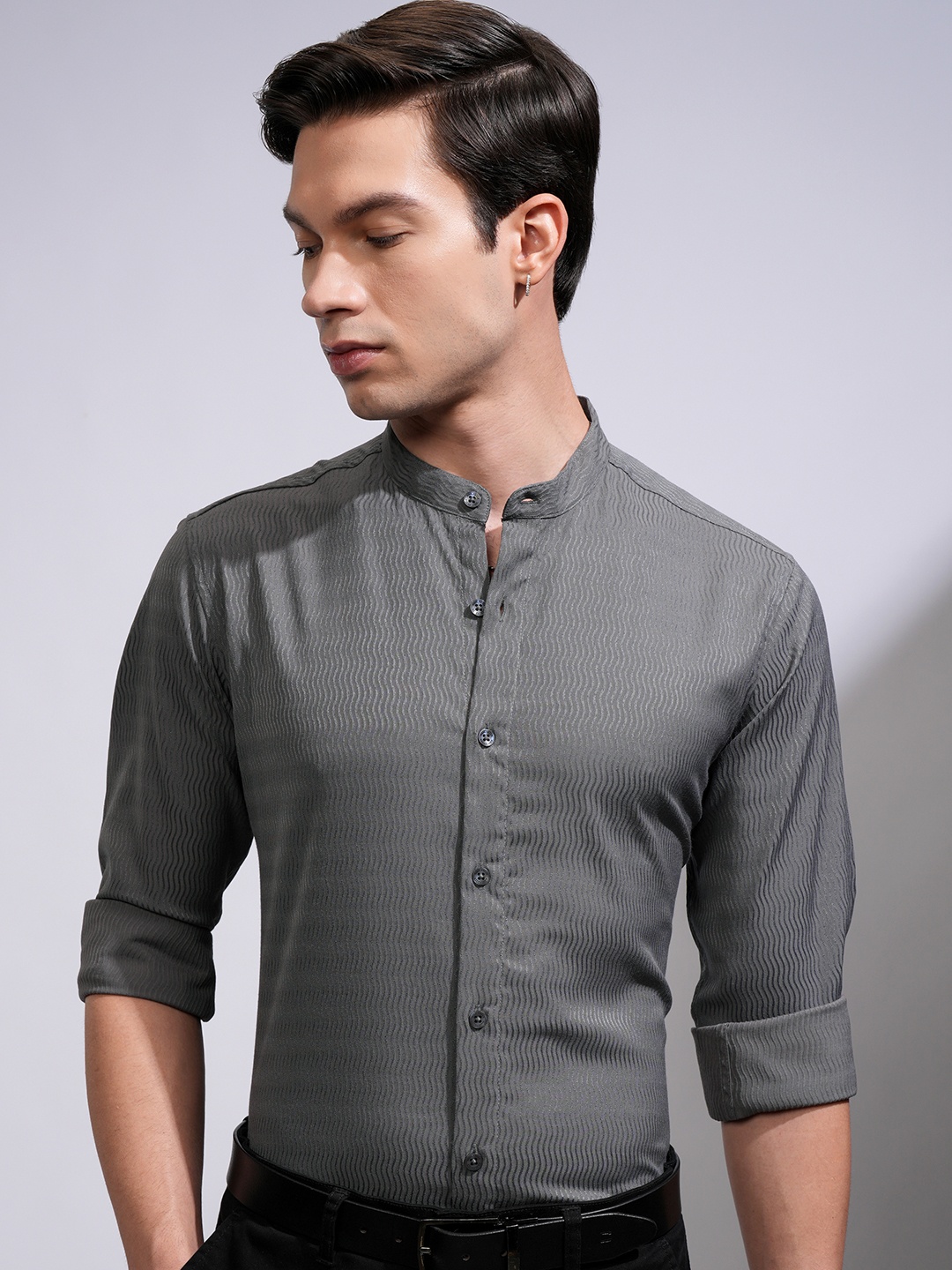 

HIGHLANDER Men Band Collar Textured Casual Shirt, Olive
