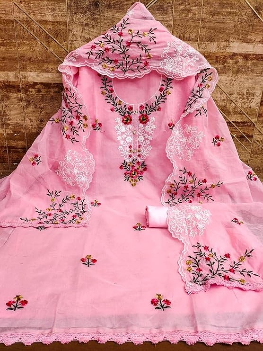 

SWARNGANGA TEX Floral Embroidered Unstitched Dress Material, Pink