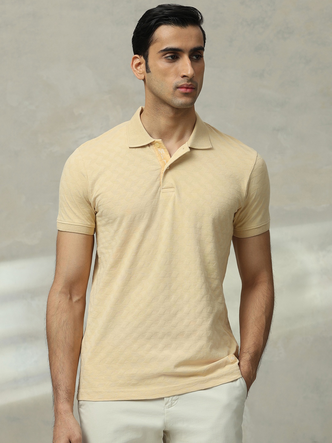 

Mufti Men Self Design Polo Collar Cotton Slim Fit T-shirt, Beige