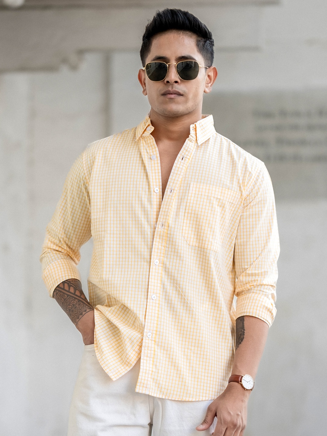 

Powerlook Men Button-Down Collar Micro Checked Cotton Casual Shirt, Yellow