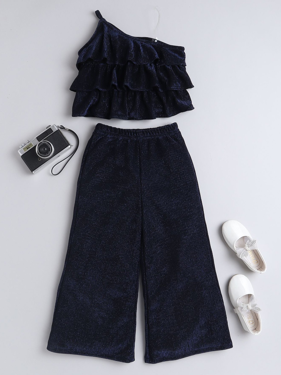

taffykids Girls Embellished One Shoulder Top With Palazzo, Navy blue