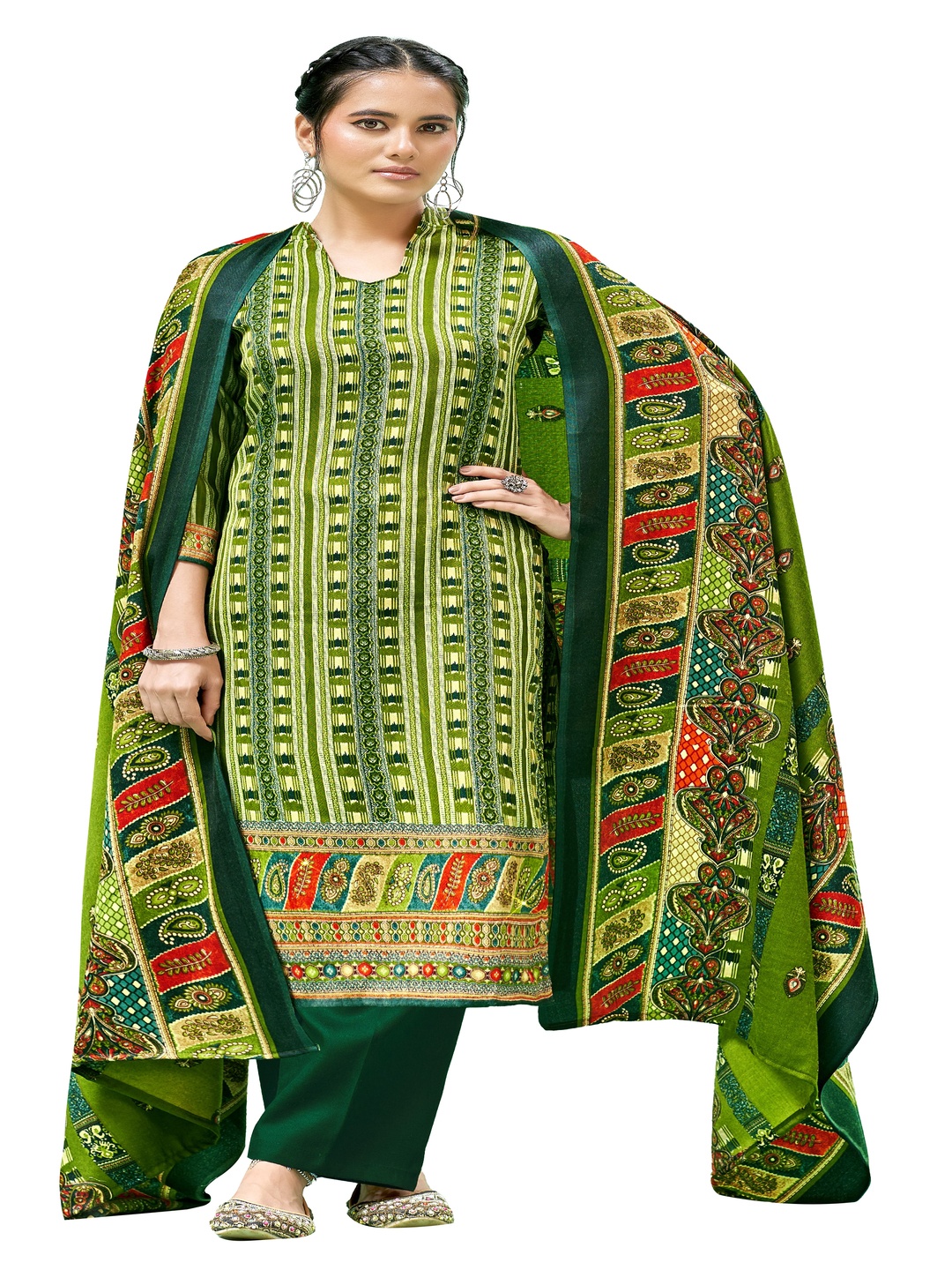 

DRAVINAM Trends Geometric Printed Pashmina Unstitched Dress Material, Green