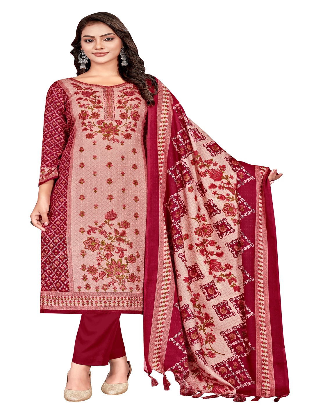 

DRAVINAM Floral Printed Pashmina Unstitched Dress Material, Red