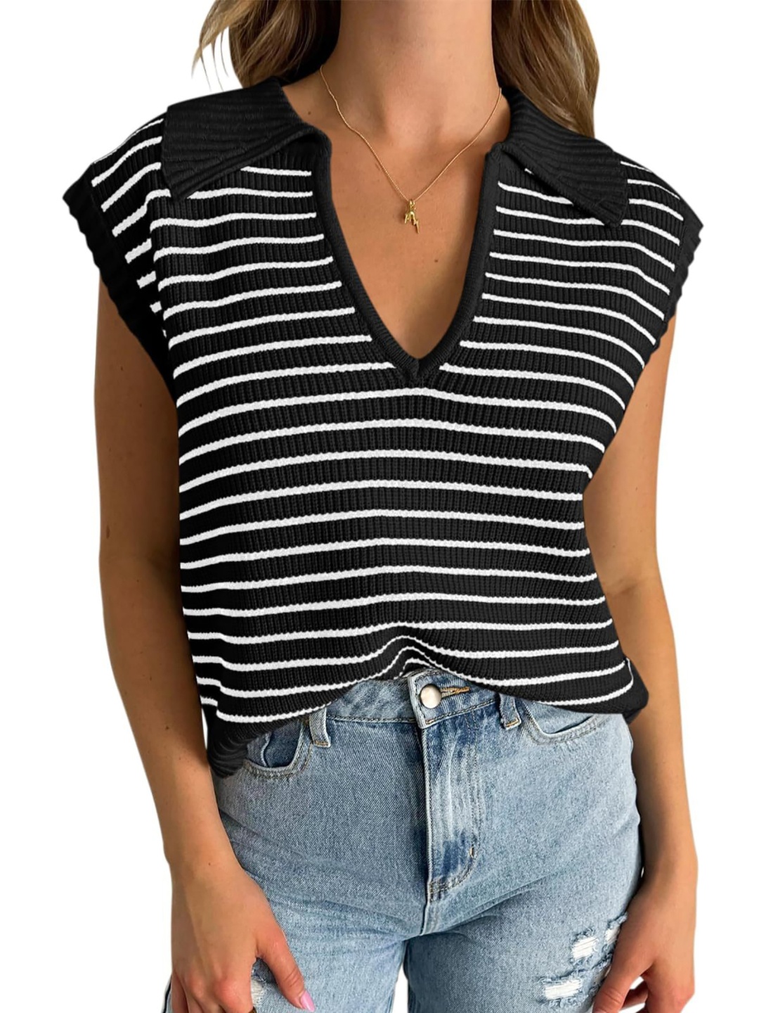 

StyleCast x Revolte Striped Shirt Collar Top, Black