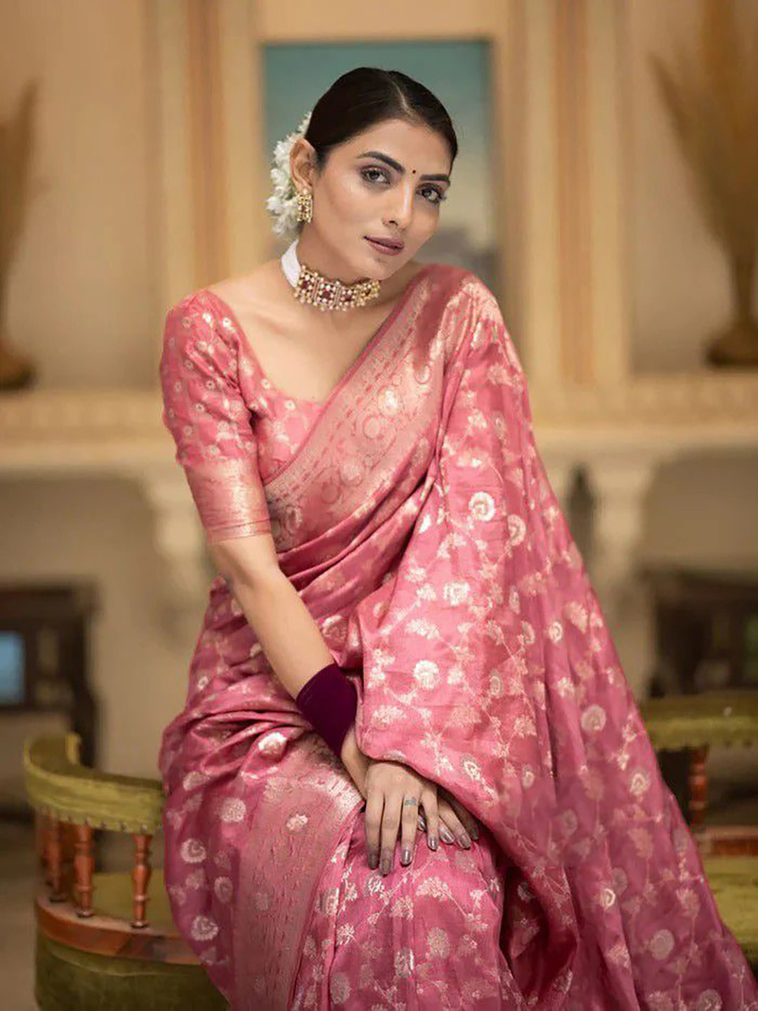

KALINI Ethnic Motifs Zari Pure Silk Banarasi Saree, Peach
