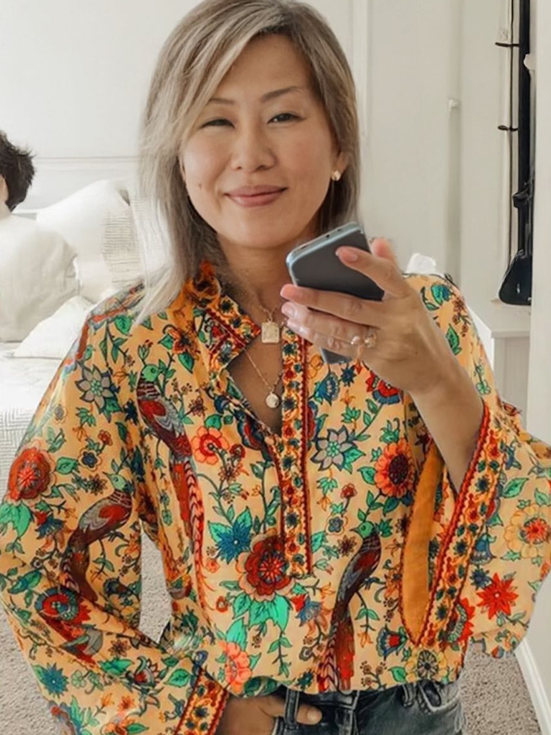 

StyleCast Women Floral Printed Kimono Sleeves Shirt Style Top, Orange
