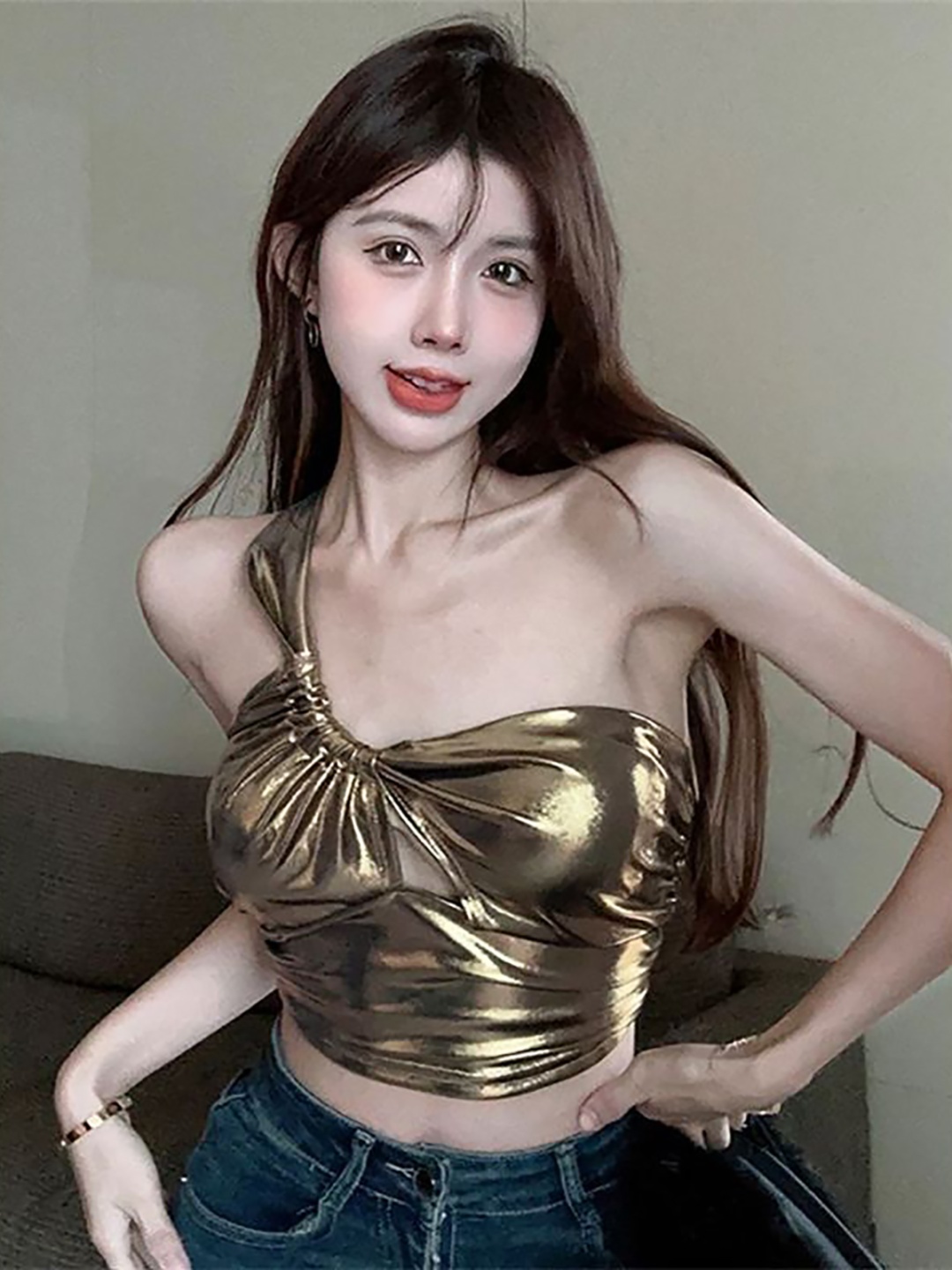 

StyleCast x Revolte Solid One Shoulder Shimmer Bralette Crop Top, Silver