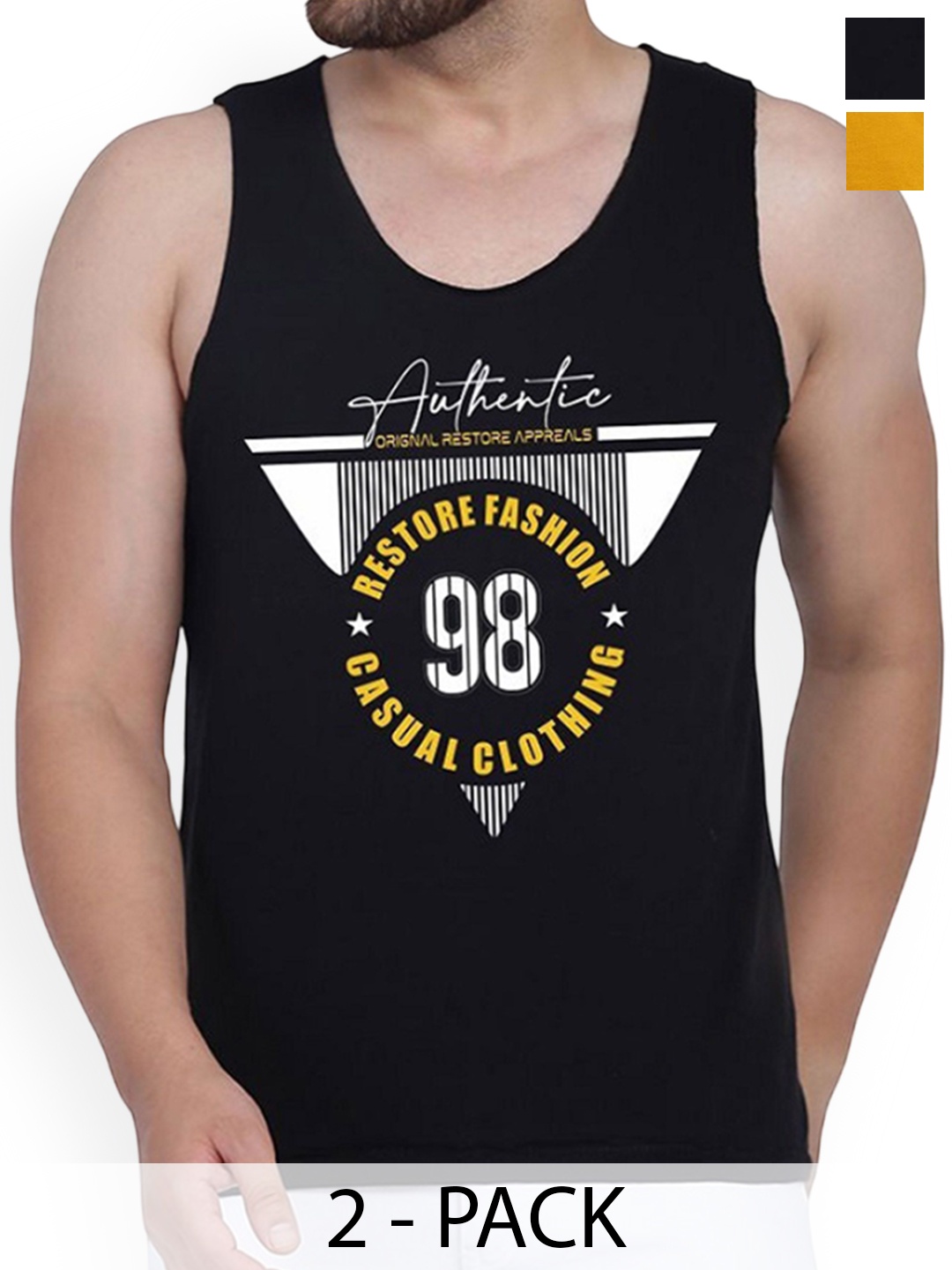 

WOOSTRO Pack Of 2 Printed Cotton Gym Vests RS26 CMB (HARD MUSTARD) (98 BLACK)