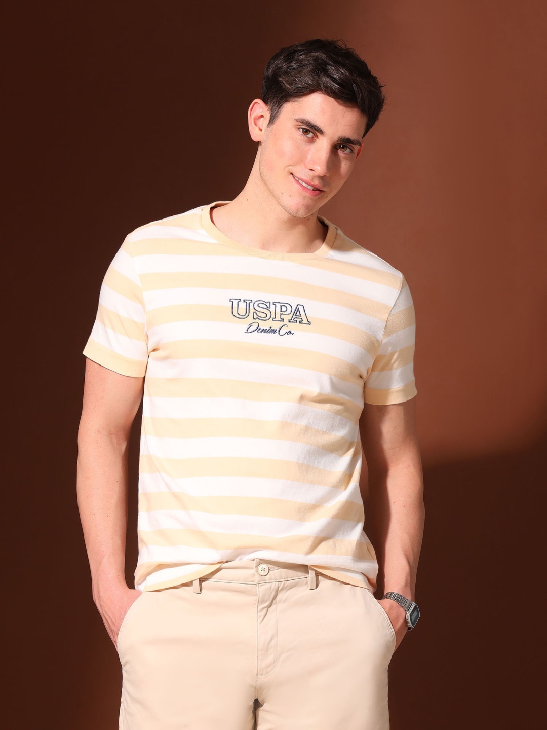 

U.S. Polo Assn. Denim Co. Men Striped Round Neck Cotton Slim Fit T-shirt, Yellow