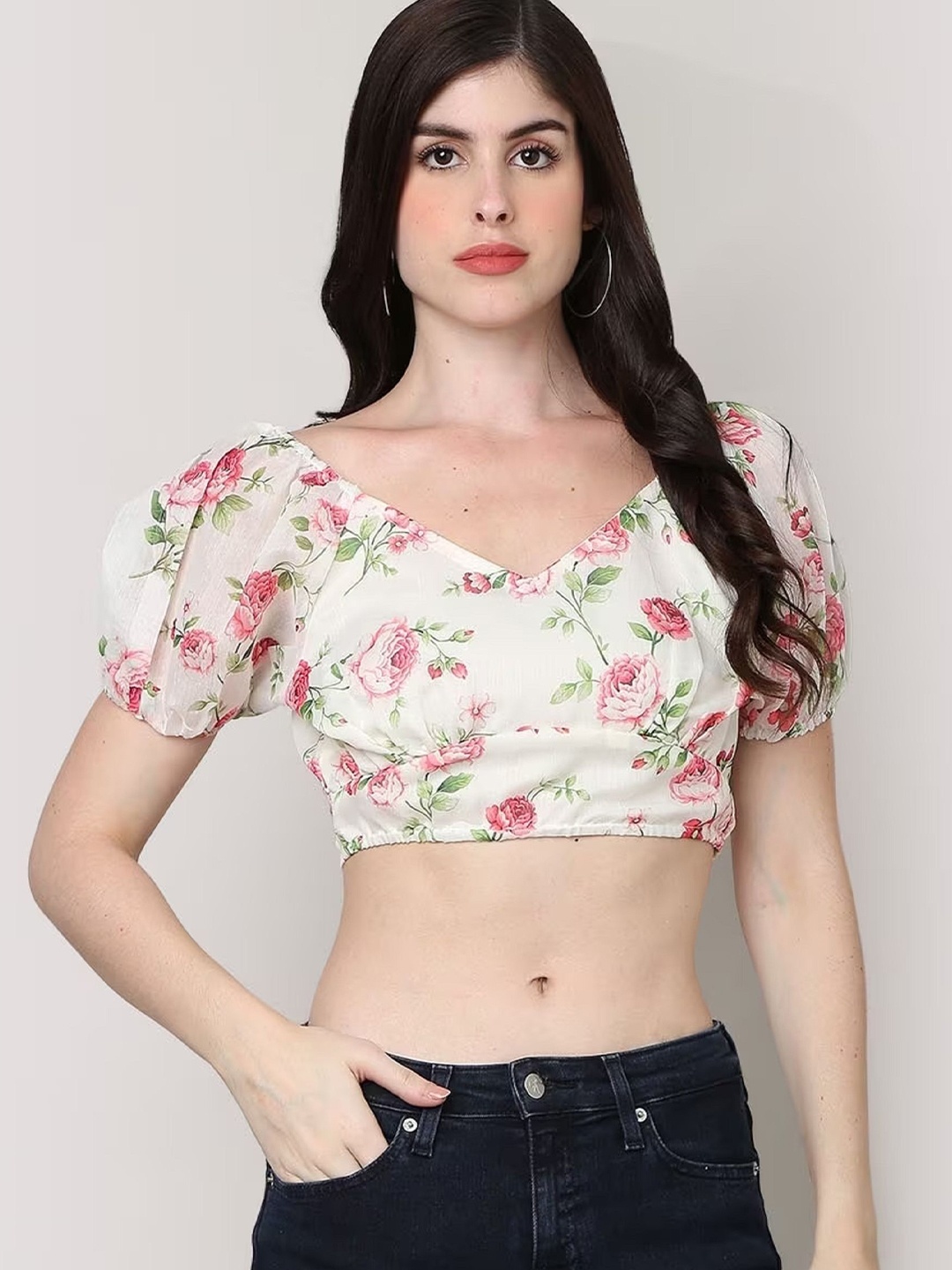 

SAKURA Floral Print Puff Sleeve Crop Top, White