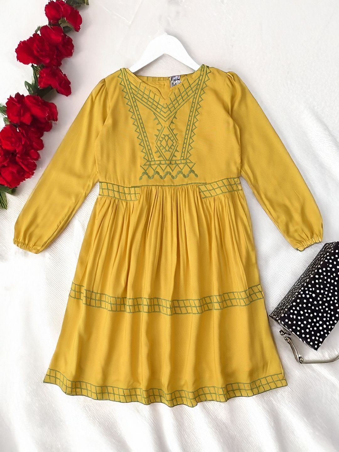 

Bella Moda Girls Embroidered Puff Sleeve Fit & Flare Dress, Yellow