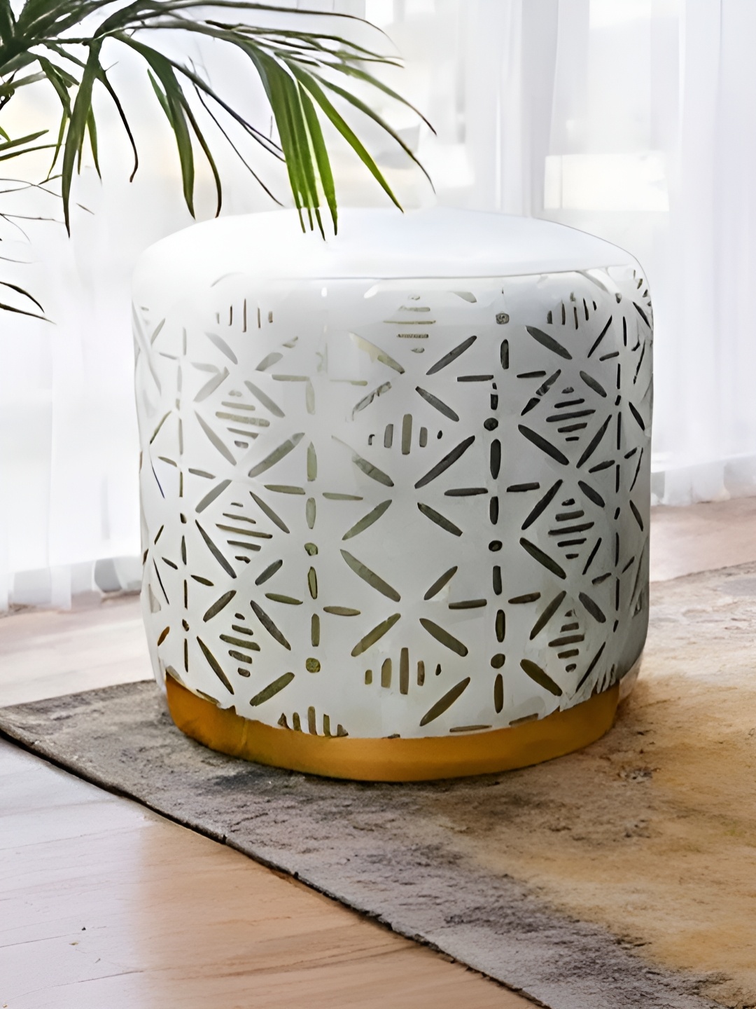 

Royaloak White & Gold Toned Geometric Foil Printed Velvet & Wooden Round Ottoman