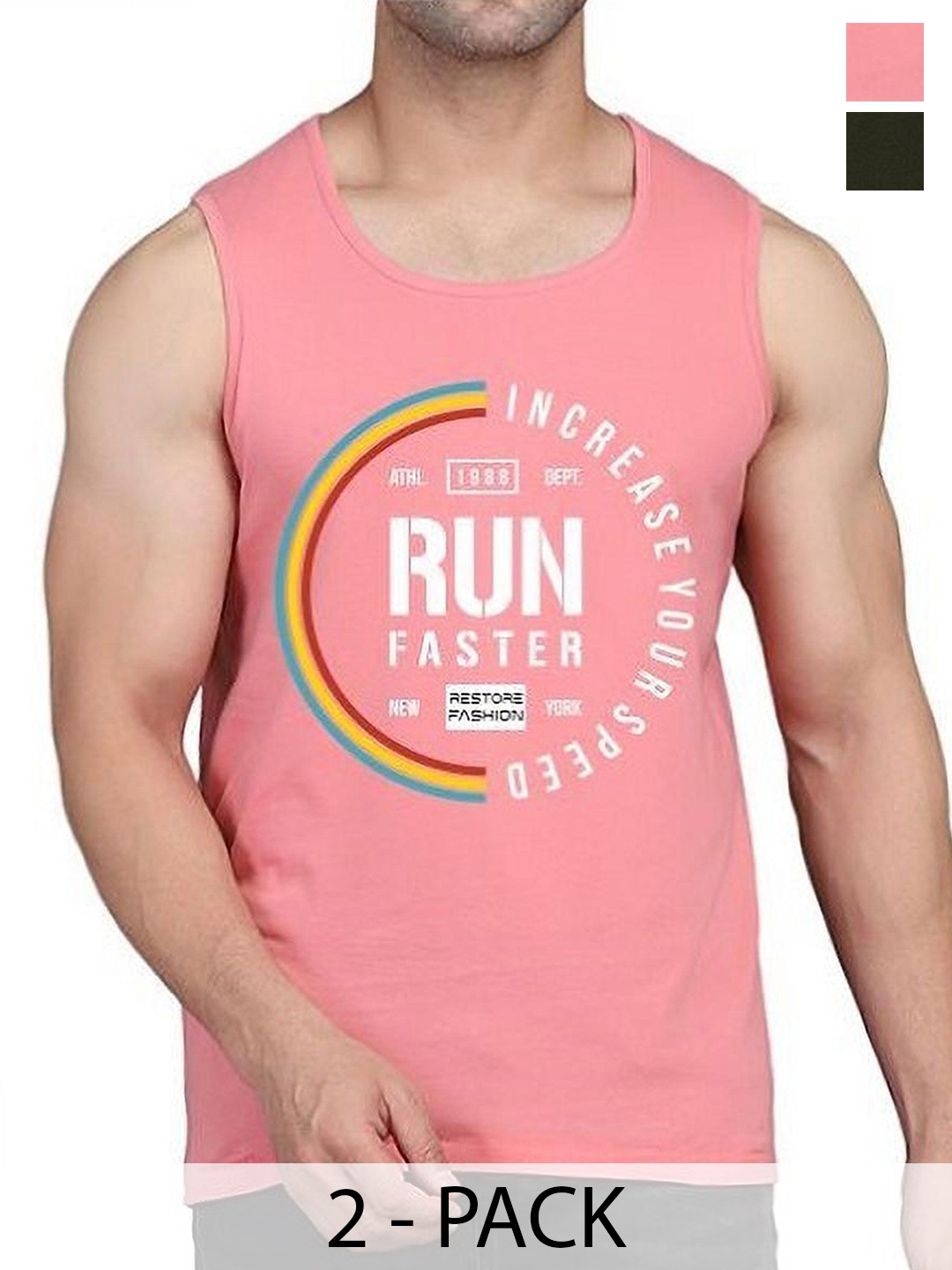 

Woostro Pack Of 2 Printed Cotton Gym Innerwear Vests RS26 CMB (RUN OLIVE) (RUN PEACH)