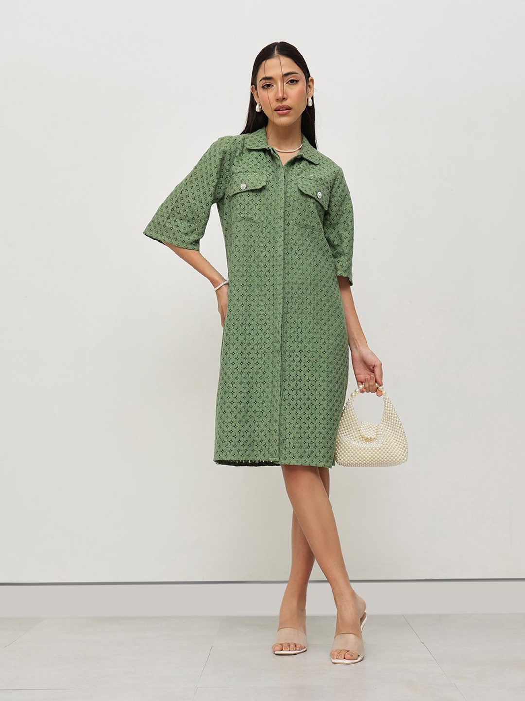 

HOUSE OF S Women Lace Shirt Midi Dress, Green