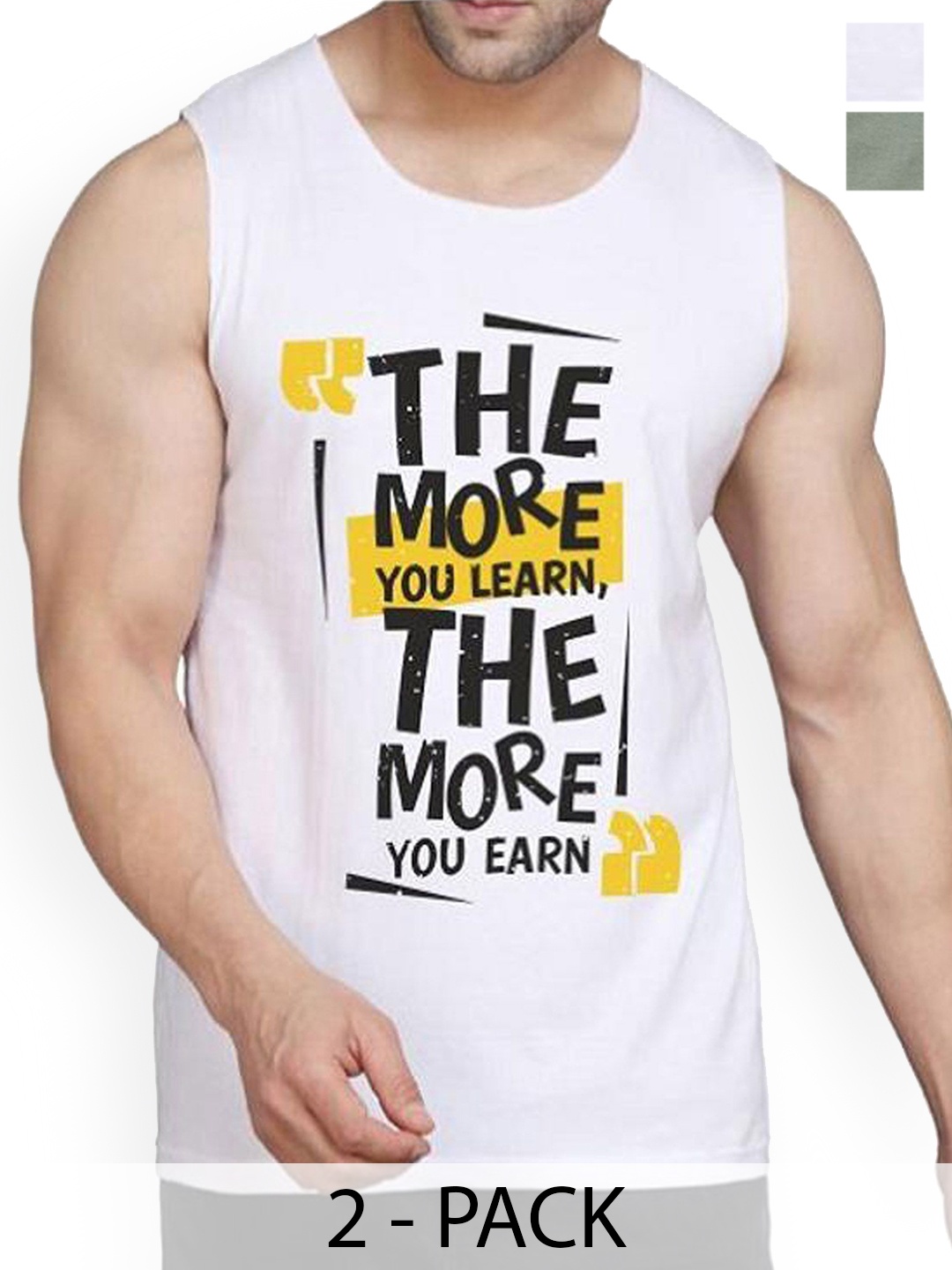 

Woostro Pack Of 2 Printed Cotton Gym Vests RS26 CMB (MORE LGTGREEN) (MORE WHITE), Green