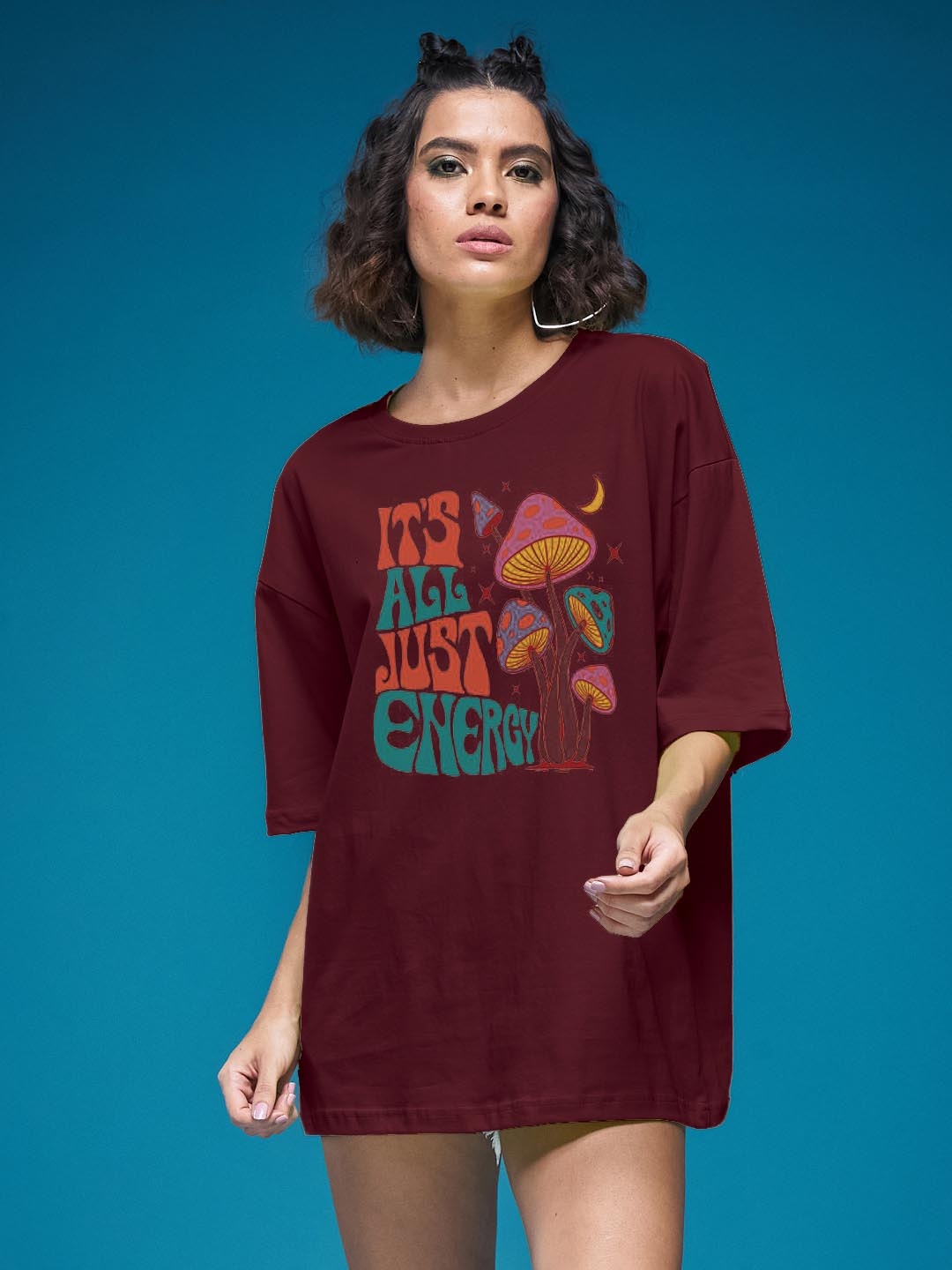 

SMARTEES Women Typography Printed Round Neck Cotton Oversized T-shirt, Maroon
