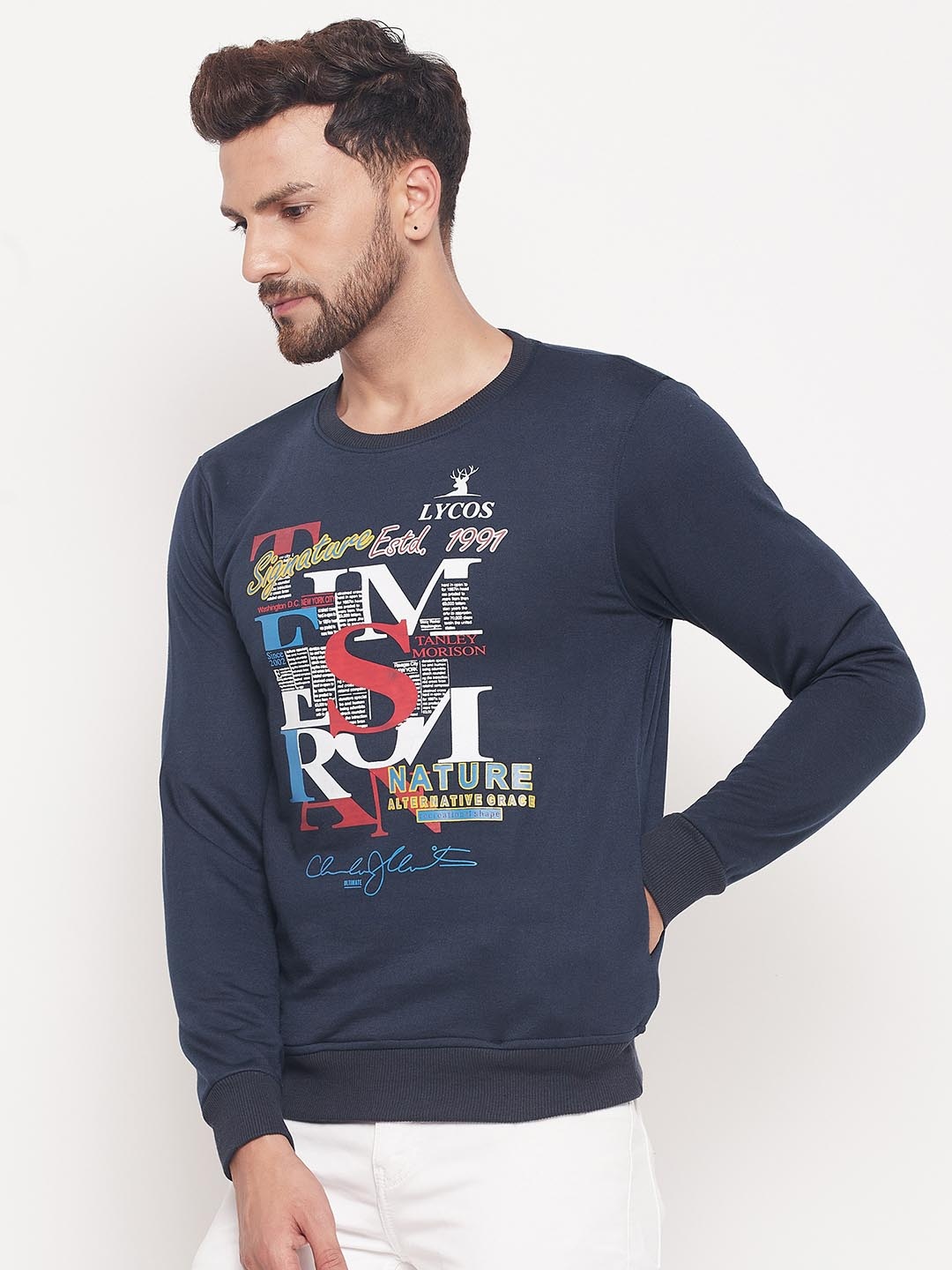 

LYCOS Men Typography Printed Sweatshirt, Navy blue